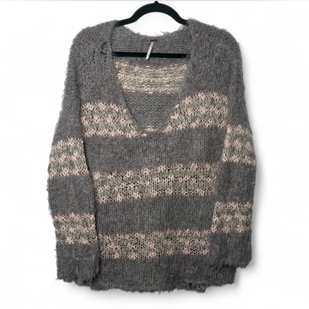 Free People Oversized Knit Sweater Medium Gray Green Cream Cottagecore